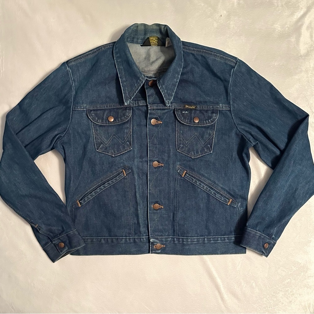 Vintage 70s Wrangler No Fault Denim Jean Jacket Blue Sz 42 Made USA 74126NV